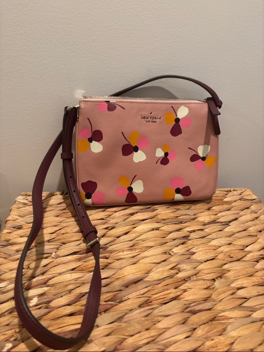 kate spade Pink Floral Leather Crossbody with Burgundy Strap
